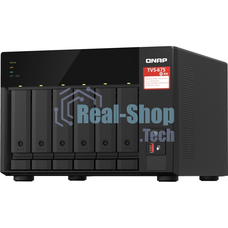 Сетевое хранилище без дисков SMB QNAP TVS-675-8G NAS, 6-tray w/o HDD, 2xM.2 SSD Slot, 1xHDMI-port. CPU 8-сore 64-bit x86 KX-U6580 2.5 GHz, 8GB DDR4 (1 x 8GB) up to 64GB (2 x 32GB), 2x 2.5 Gigabit LAN