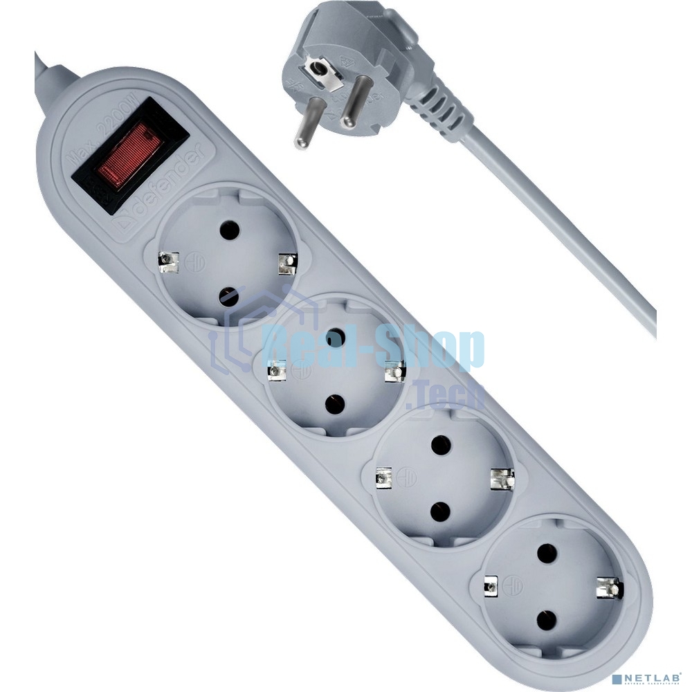 Сетевой фильтр Defender ES Lite, 1.8 м, 4 розетки, серый