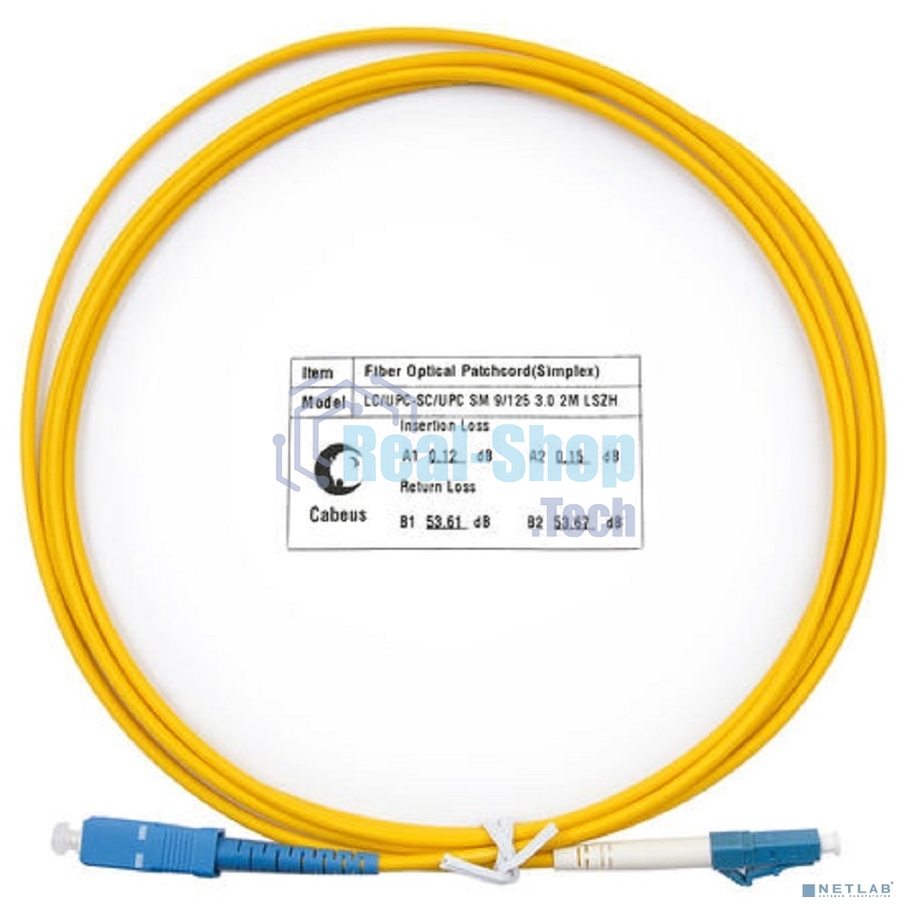 Комм. шнур оптический Cabeus Tight Buffer, Simplex SC/LC, OS2 9/125, LSZH, 2м, Ø 3мм, синий хвостовик, цвет: жёлтый