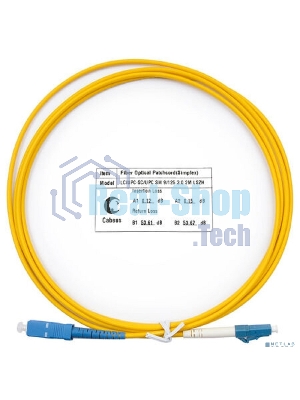 Комм. шнур оптический Cabeus Tight Buffer, Simplex SC/LC, OS2 9/125, LSZH, 2м, Ø 3мм, синий хвостовик, цвет: жёлтый
