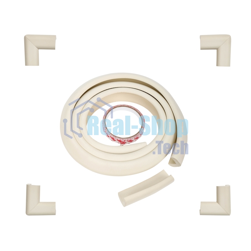 Набор: тонкая мягкая универсальная лента для крепления на острые края (NBR,14x4x2000 мм) + 4 мягкие насадки-протектора 