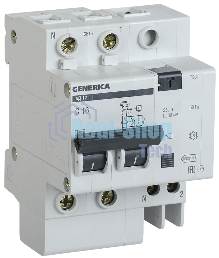 Выключатель автоматический дифференциального тока 2п 25А 30мА АД12 GENERICA ИЭК MAD15-2-025-C-030
