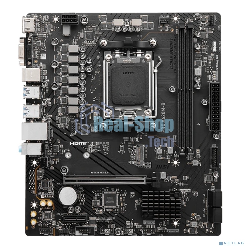 Материнская плата MSI PRO A620M-B, AM5, AMD A620, 2xDDR5, 4xSATA, 1xM.2 (PCIe 4.0 x4), 1xPCIe 4.0 x16, 1xPCIe 3.0 x1, 1xHDMI, 1xVGA, 1x2.5Gb LAN, 6xUSB-A 5Gbps, 6xUSB-A 2.0, 3x3.5 мм, 7.1, mATX