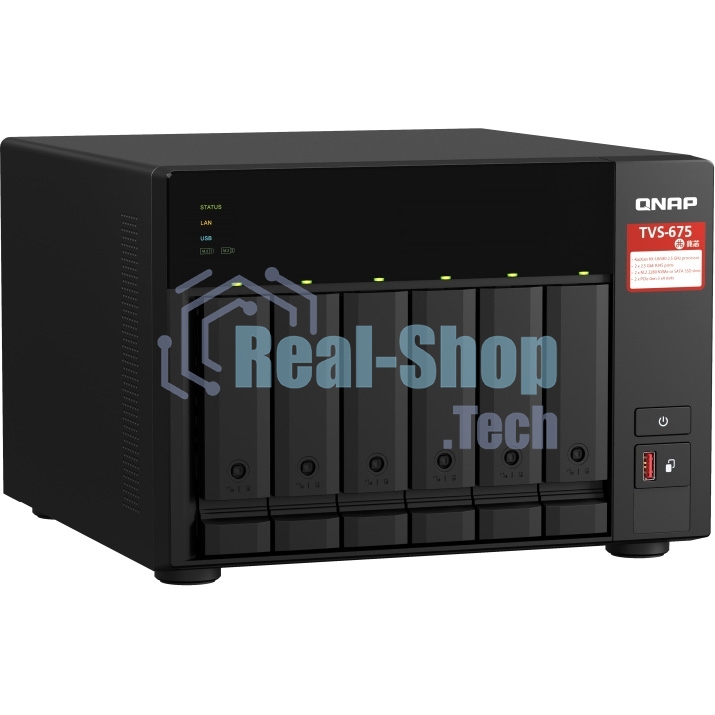 Сетевое хранилище без дисков SMB QNAP TVS-675-8G NAS, 6-tray w/o HDD, 2xM.2 SSD Slot, 1xHDMI-port. CPU 8-сore 64-bit x86 KX-U6580 2.5 GHz, 8GB DDR4 (1 x 8GB) up to 64GB (2 x 32GB), 2x 2.5 Gigabit LAN