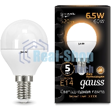 Лампа светодиодная Gauss 6.5Вт шар 3000К теплый белый E14 520лм 150-265В