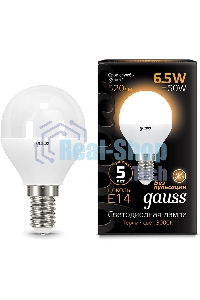 Лампа светодиодная Gauss 6.5Вт шар 3000К теплый белый E14 520лм 150-265В