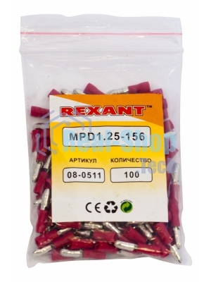Разъем штекерный изолированный Rexant штекер 4 мм 0.5-1.5 мм² (РШи-п 1.5-4/РШИп 1,25-4) красный