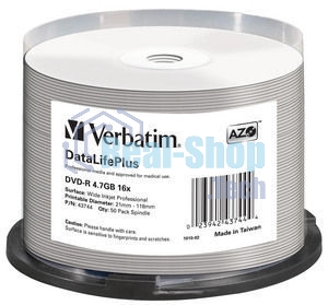 Диск DVD-R Verbatim 4.7 Gb, 16x, Cake Box (50), Full Ink Printable Pro (50/200)