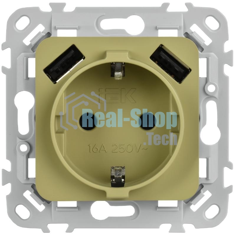 FLITE Розетка с заземлением со шторками 16А с USB A+A 3,1А быстрозажимные клеммы РСЮша11-1-ФлО оливковый | FI-R14-16-1-U21-D31-K26 | IEK