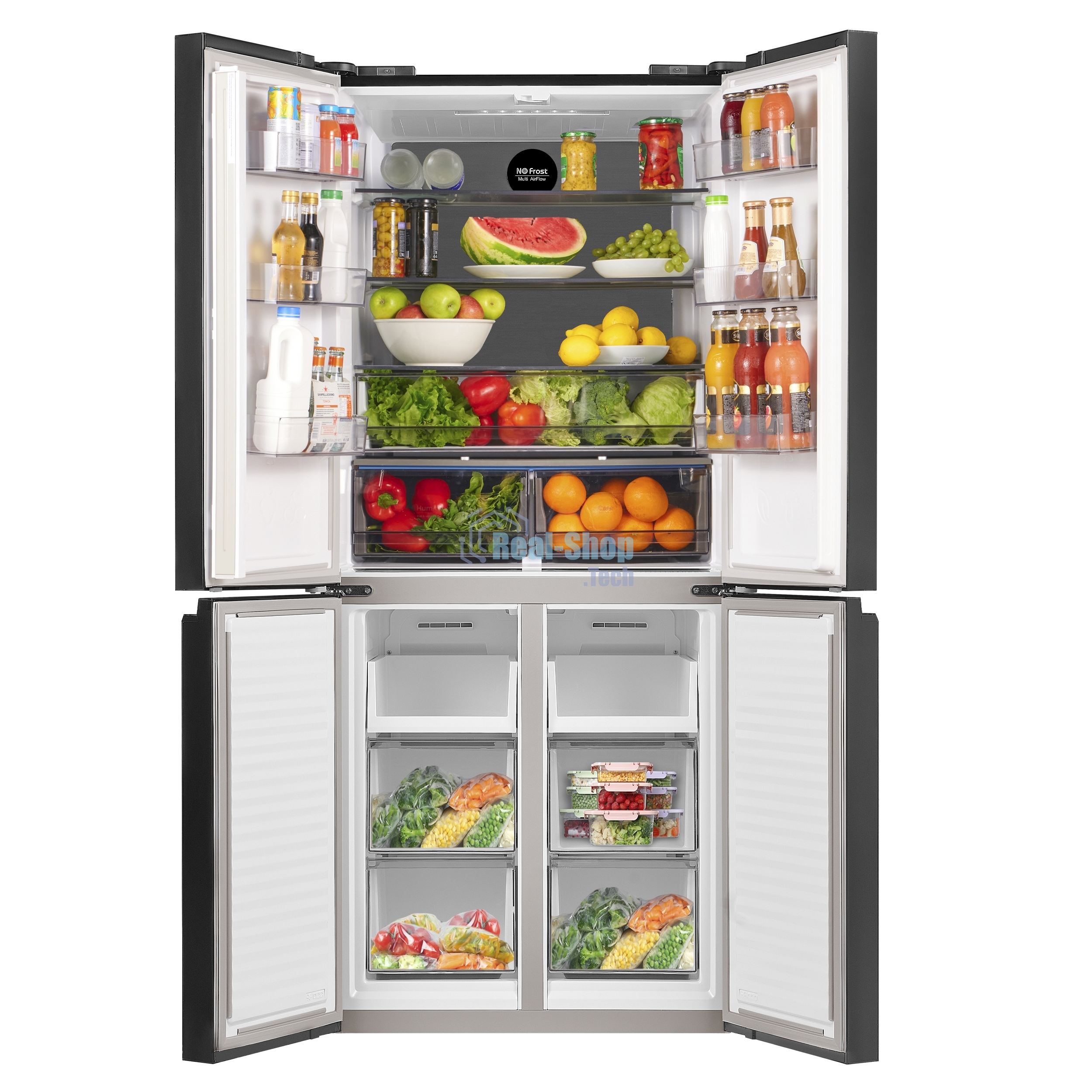 Холодильник Maunfeld MFF183NFSBE черная нержавеющая сталь трехкамерный инвертор 405л морозилка снизу