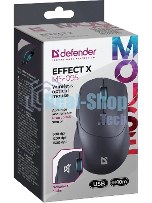 Мышь беспроводная Defender Effect X MS-095 черный, 1600 dpi, радиоканал, USB, кнопки - 6