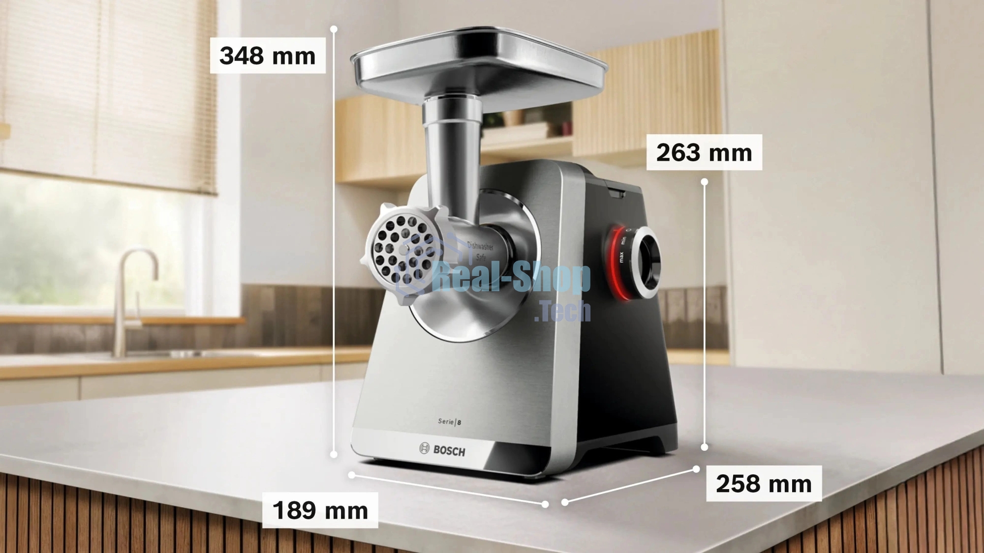 Мясорубка электрическая Bosch Series 8 MFWS835M черный, 2500 Вт, 4.5 кг/мин, реверс, защита от перегрузки, металлический лоток, насадки - 6