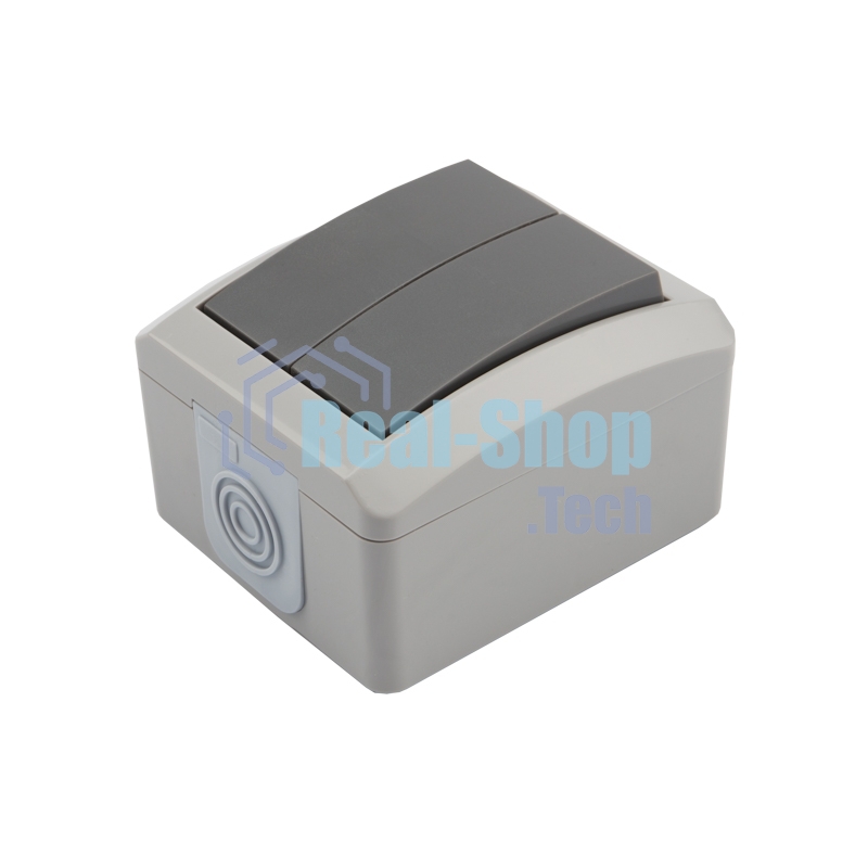 Выключатель двухклавишный Kranz INDUSTRIAL открытой установки, IP54 серый