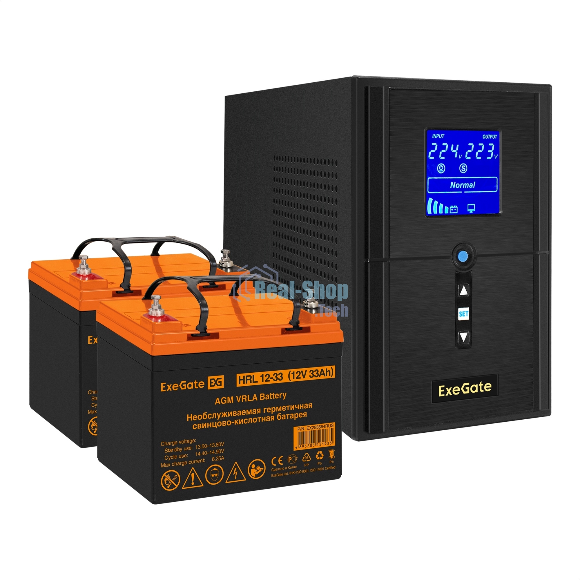 Комплект Источник бесперебойного питания EX295988RUS + батарея 33Aч EX285664RUS 2шт (инвертор, синус, для котла) ExeGate SineTower SZ-1500.LCD.AVR.2SH.1C13.USB <1500VA/1200W, чистый синусоида, LCD дисплей, AVR, 2*Schuko+1*C13, USB, линейно-интерактивный, Black> + батарея ExeGate HRL 12-33 (12В, 33Ач) 2шт