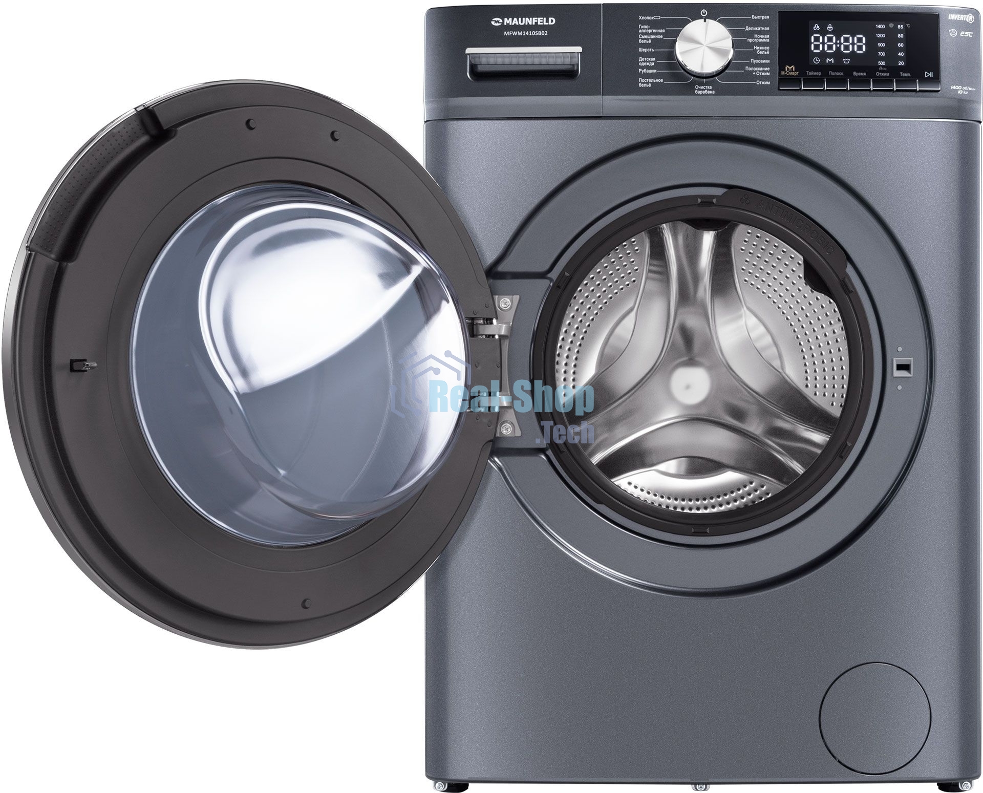Стиральная машина Maunfeld MFWM1410SB02 темно-серебристый, загрузка фронтальная 10 кг, 1400 об/мин., класс: А+++