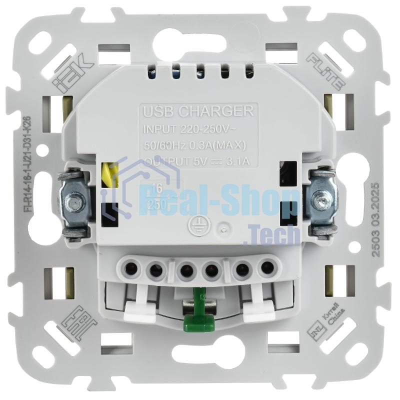 FLITE Розетка с заземлением со шторками 16А с USB A+A 3,1А быстрозажимные клеммы РСЮша11-1-ФлО оливковый | FI-R14-16-1-U21-D31-K26 | IEK