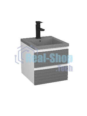 Тумба под раковину Bau Stil Loft grey brushed, раковина кварцевая BAU Stil 40, серый металлик, смеситель Hotel Black, черный