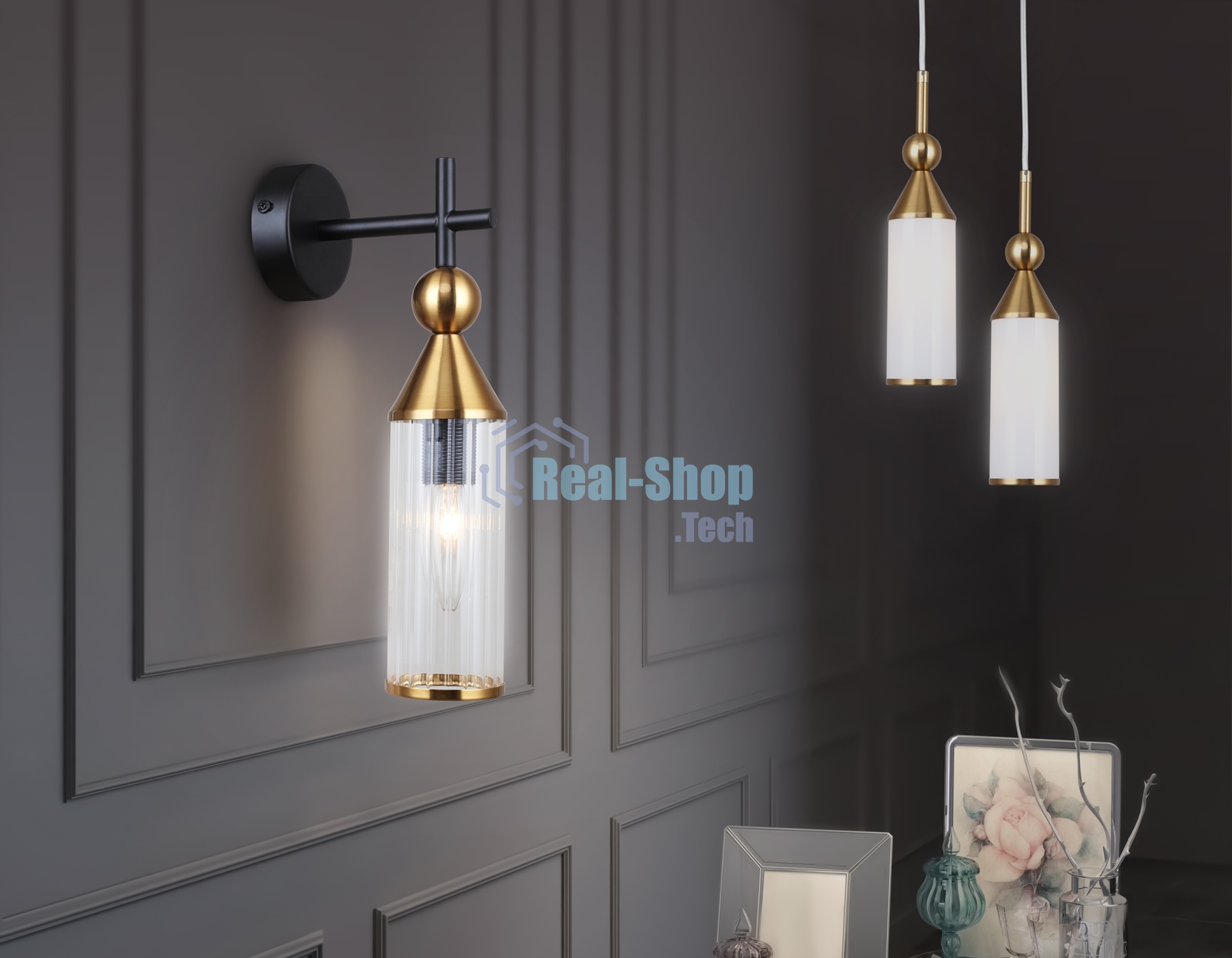 Настенный светильник Ambrella light LH55260 BK/BS/CL черный/латунь/прозрачный E14 max 40W 140*80*310