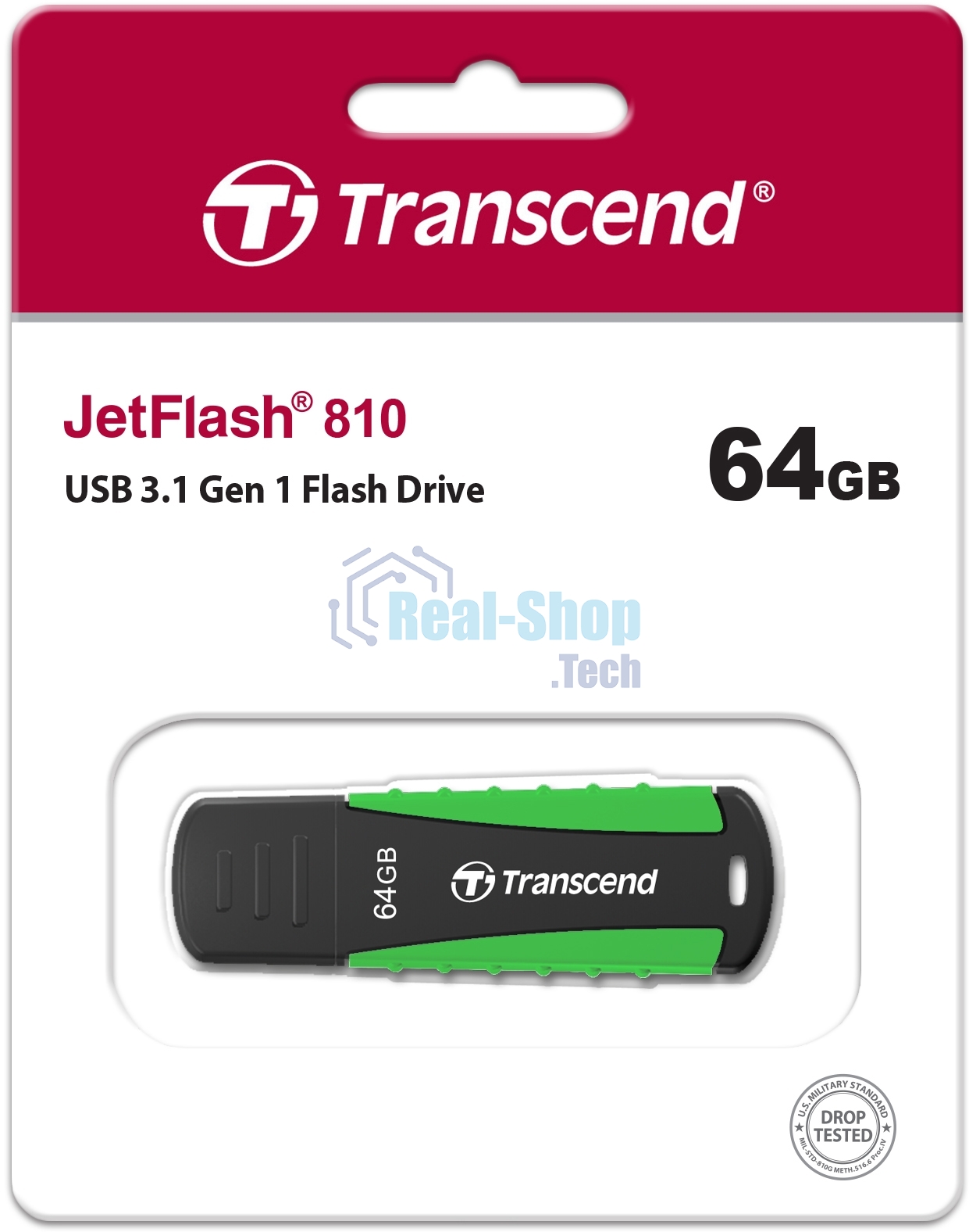 Флешка USB Transcend JetFlash 810 (TS64GJF810), 64Gb, USB 3.0, R/W 100/40, черный/зеленый