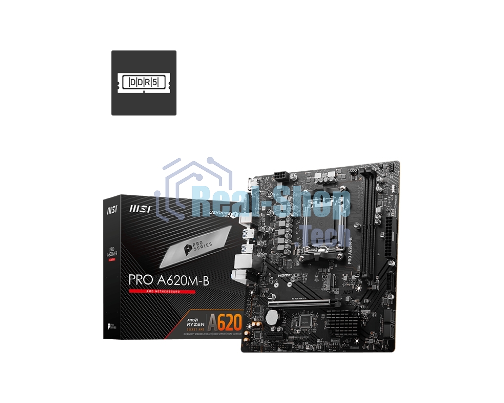 Материнская плата MSI PRO A620M-B, AM5, AMD A620, 2xDDR5, 4xSATA, 1xM.2 (PCIe 4.0 x4), 1xPCIe 4.0 x16, 1xPCIe 3.0 x1, 1xHDMI, 1xVGA, 1x2.5Gb LAN, 6xUSB-A 5Gbps, 6xUSB-A 2.0, 3x3.5 мм, 7.1, mATX