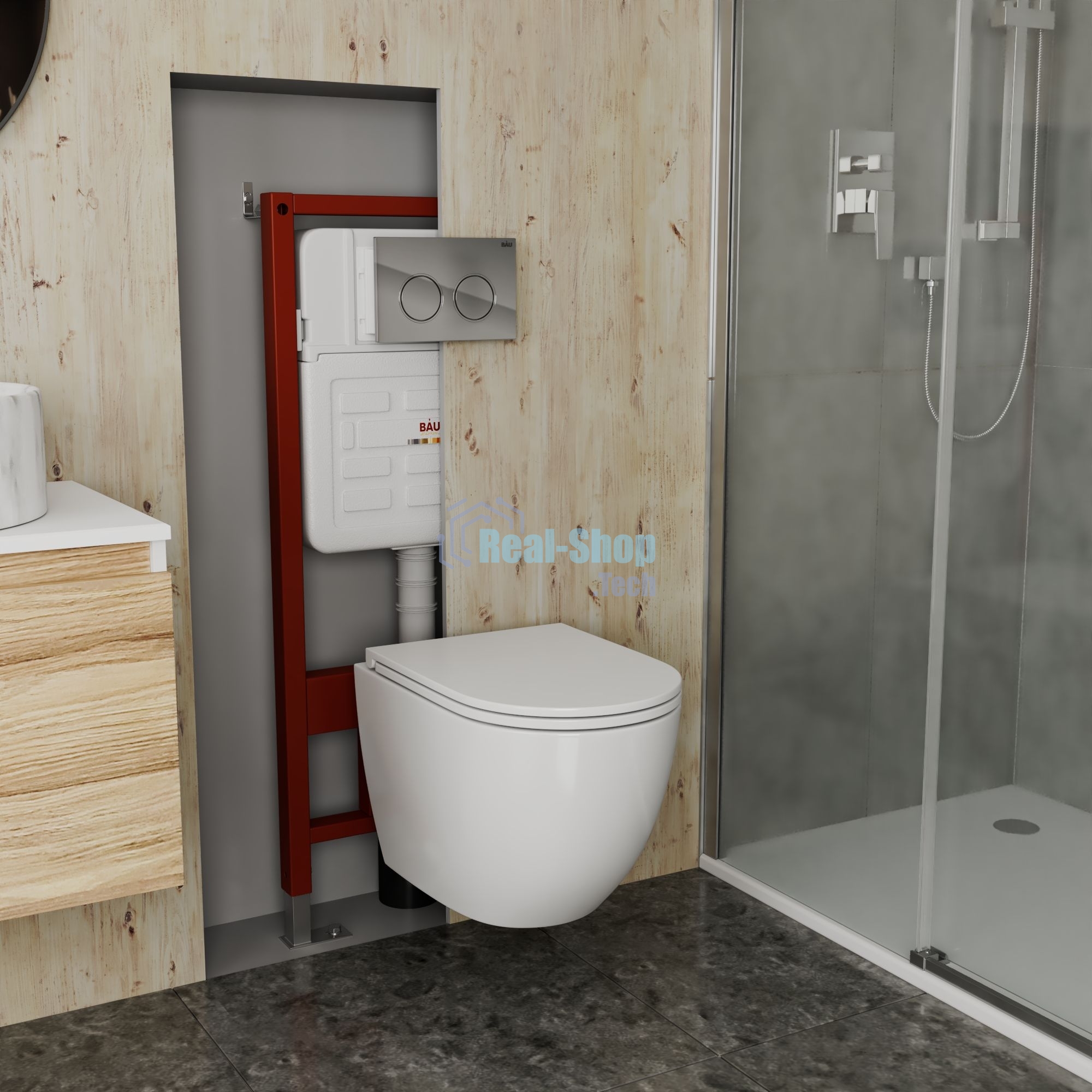 Комплект BAU 6 в 1: усиленная инсталляция BAU IDEAL, унитаз подвесной безободковый вихревой Bau Dream Hurricane3, сиденье дюропласт микролифт, клавиша BAU Round, хром