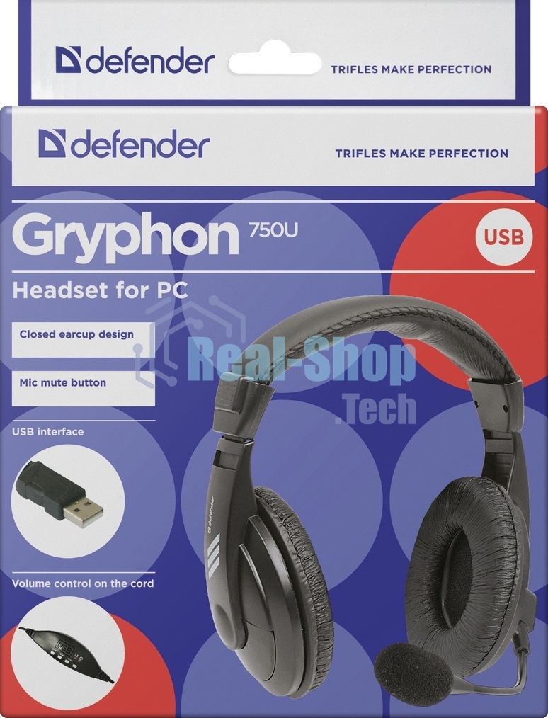 Гарнитура проводная Defender Gryphon 750U USB, черный, 1.8м кабель