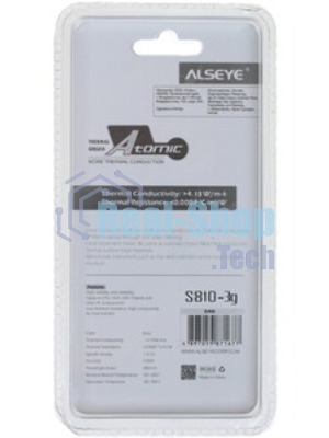 Термопаста ALSEYE T10 Thermal conductivity: 13.9W/m-k Color: Gray Conductivity: non-conductive specific gravity: 2.7g/cm³@25℃ Capacity: 1.2мл Weight: 2G