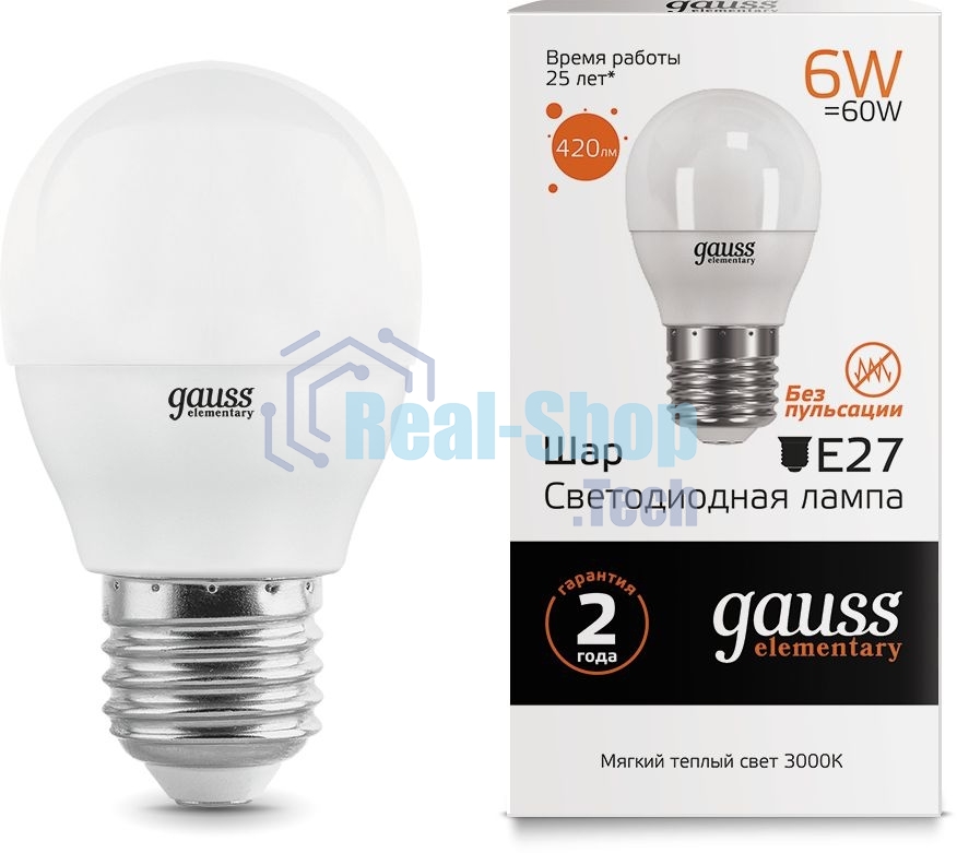 Лампа cветодиодная Gauss LED Elementary Globe 6W E27 2700K Арт.LD53216