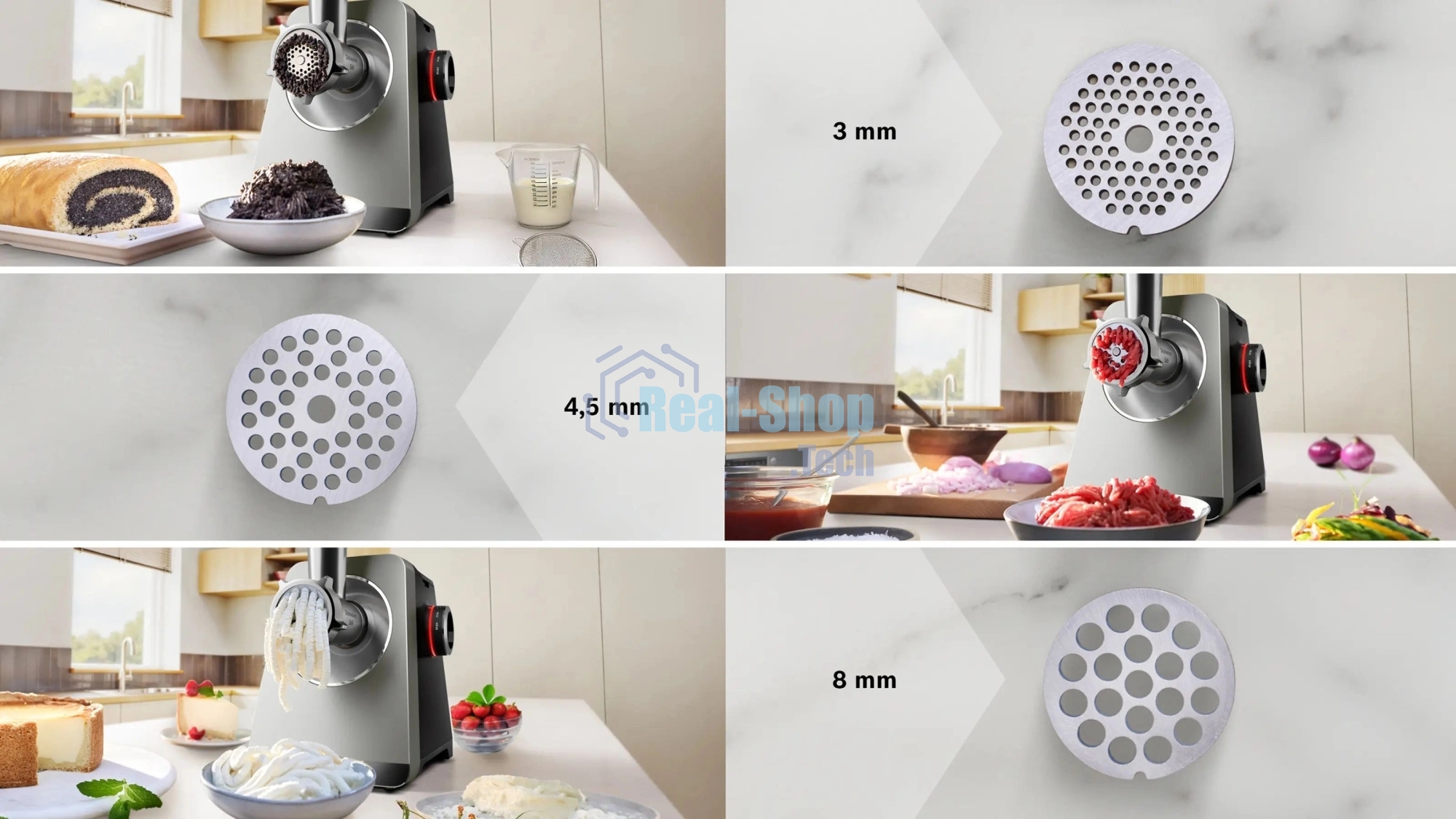 Мясорубка электрическая Bosch Series 8 MFWS835M черный, 2500 Вт, 4.5 кг/мин, реверс, защита от перегрузки, металлический лоток, насадки - 6