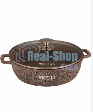 Сковорода-сотейник Kelli KL-4019-28 28 см, 5,0 л ОБЪЕМ 5 л из высокопрочного алюминия с гранитным покрытием, с индукционным дном. Силиконовые накладки для ручек съемные. Стеклянная крышка с паровыпуском. Пригодна для всех видов плит, в том числе индукцион