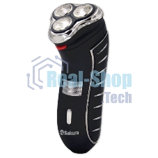 Электробритва Sakura SA-5414BK черный(Бритва электрическая, сухое бритье, работа от аккумулятора. 3 бреющие головки. Прорезиненная поверхность. Индикатор заряда батарейки. Защитная крышка. Щеточка для очистки.)
