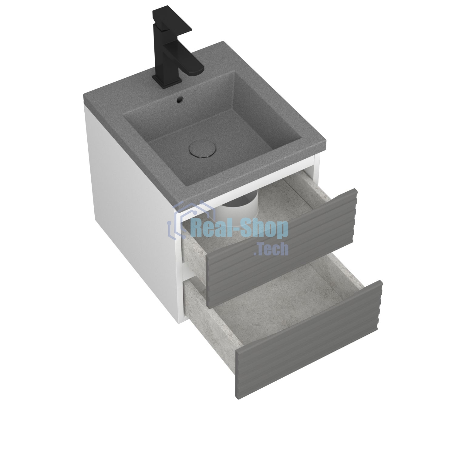 Тумба под раковину Bau Stil Loft grey brushed, раковина кварцевая BAU Stil 40, серый металлик, смеситель Hotel Black, черный