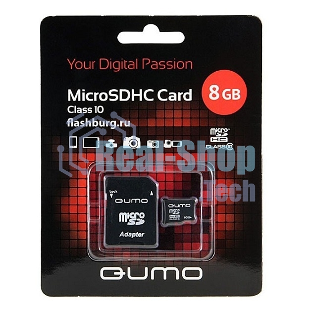 Флеш карта QUMO QM8GMICSDHC10 8Gb MicroSDHC Class 10, SD adapter