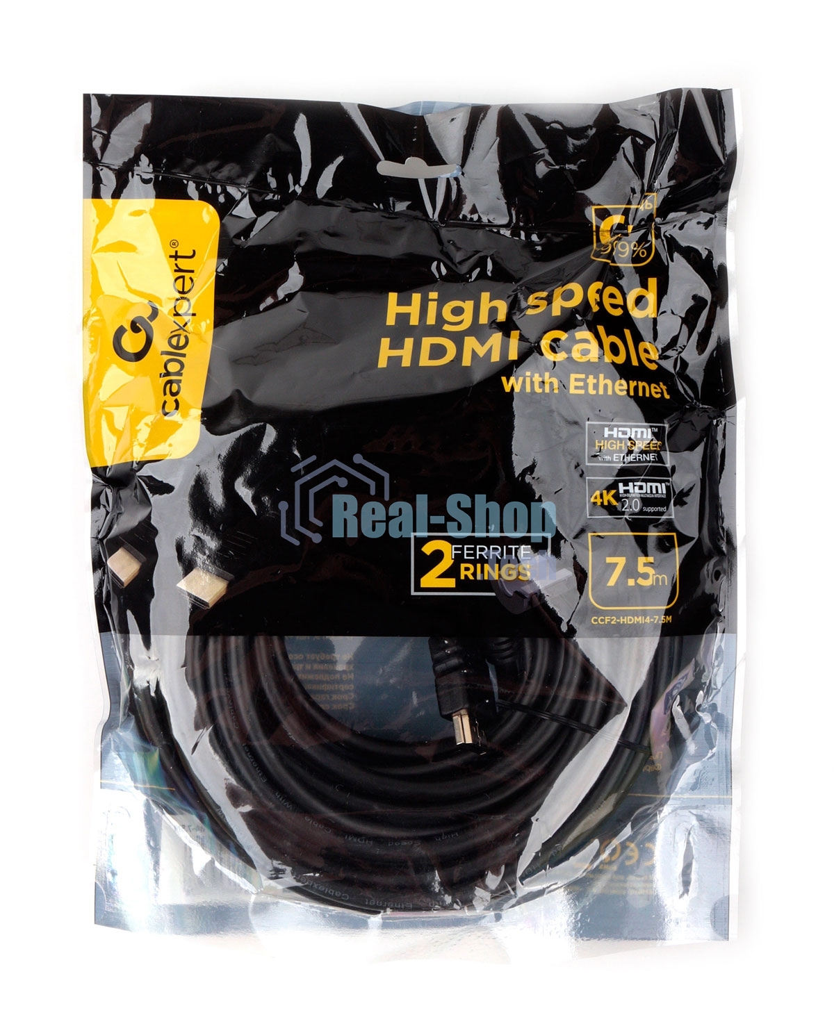 Кабель HDMI Cablexpert CCF2-HDMI4-7.5M, 19M/19M, v2.0, медь, позол.разъем, экран, 2 фер.кольца, 7.5м, черный, пакет