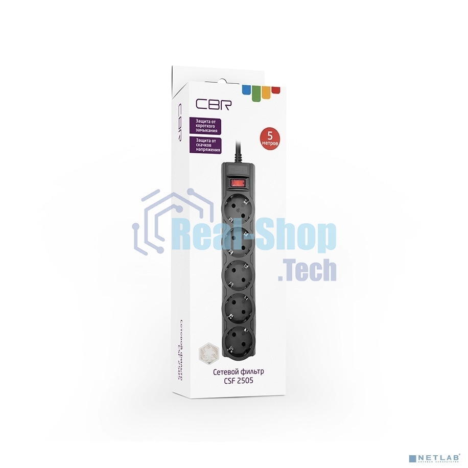 Сетевой фильтр CBR CSF 2505-5.0 Black CB, 5 евророзеток, длина кабеля 5 метров, цвет черный (коробка)