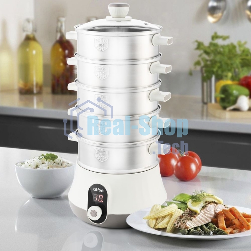 Пароварка электрическая Kitfort КТ-2035 600 Вт. Количество уровней: 5. Таймер приготовления: до 60 минут.