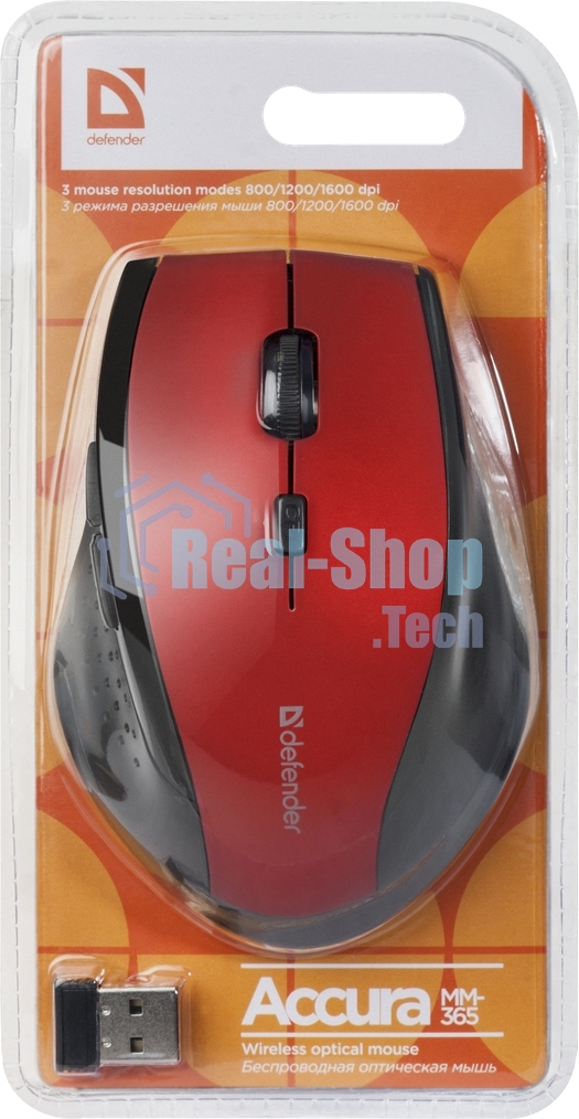 Мышь беспроводная Defender Accura MM-365 красный, 1600 dpi, радиоканал, USB, кнопки - 6