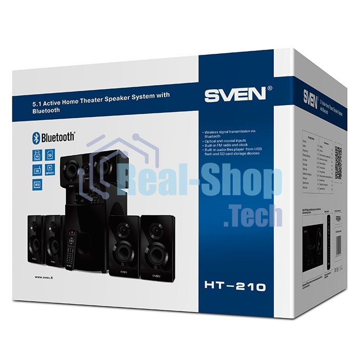 Аудиоколонки SVEN HT-210, черный, акустическая система 5.1, мощность (RMS):50Вт+5x15Вт, Bluetooth, Optical, Coaxial, FM-тюнер, USB/SD, дисплей, ПДУ