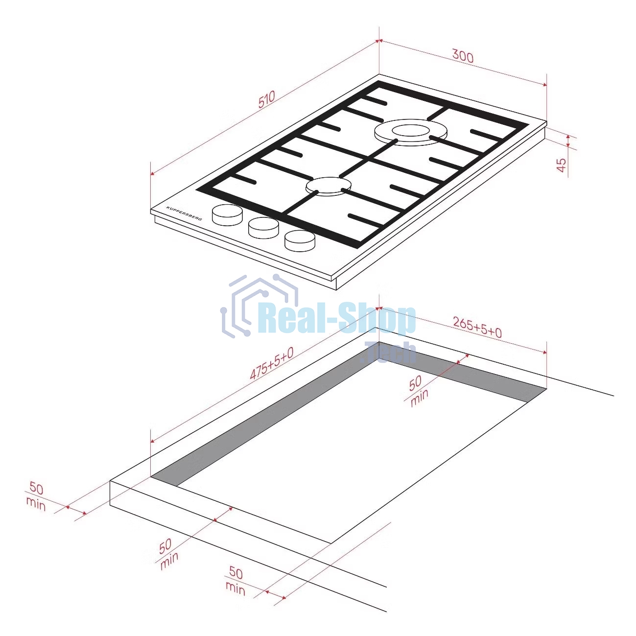 Газовая варочная панель Kuppersberg FG 36 B газ, High-Tech, 30 см, автоматический электроподжиг, газ-контроль, форсунки под сжиженый газ, SABAF конфорки, чугунные решетки, цвет черный, цвет фурнитуры черный