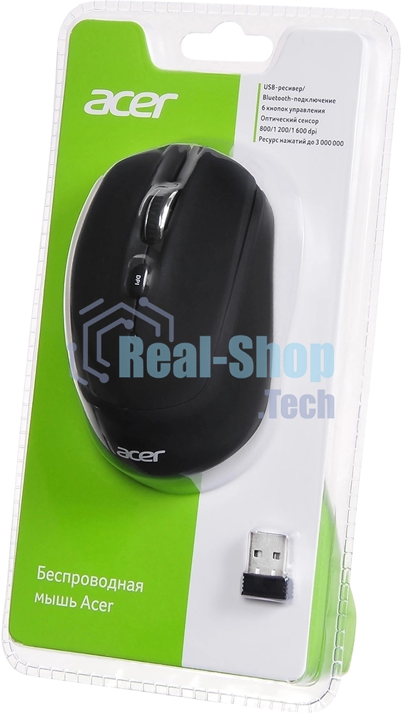Мышь беспроводная Acer OMR050 черный, 1600 dpi, радиоканал, Bluetooth, USB, кнопки - 6