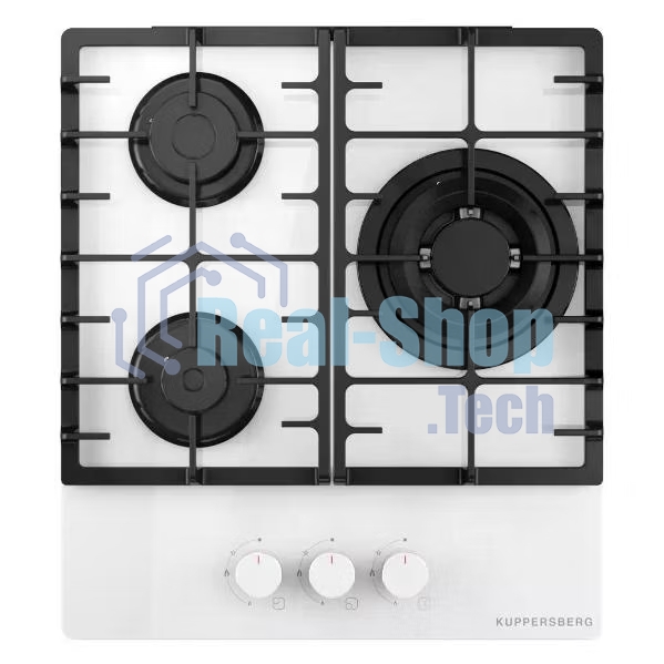 Варочная поверхность Kuppersberg FG 46 W газ, High-Tech, 45 см, автоматический электроподжиг, газ-контроль, форсунки под сжиженый газ, SABAF конфорки, чугунные решетки, цвет белый, цвет фурнитуры белый