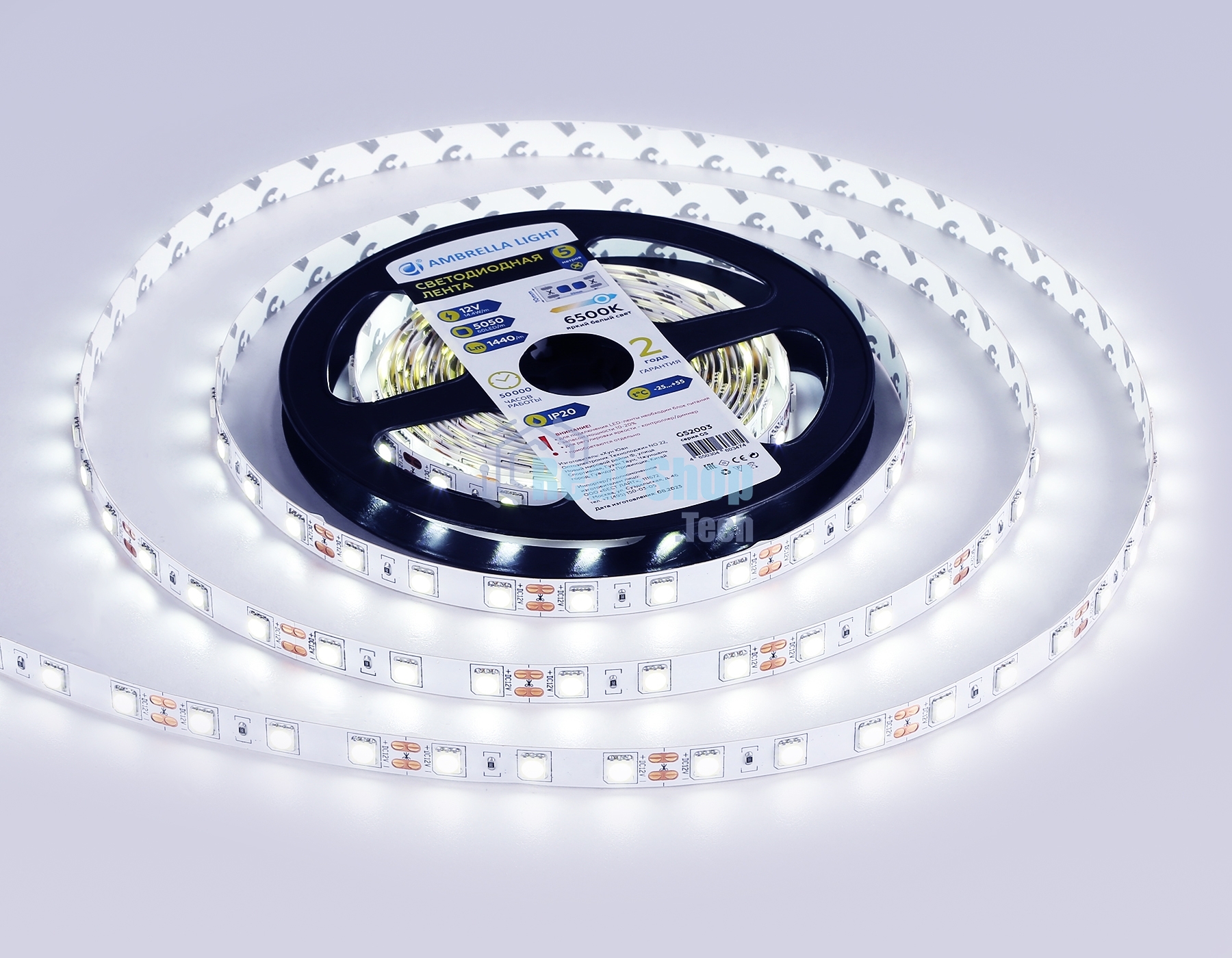Светодиодная лента Ambrella light GS2003 5050 60Led/ 14.4W m/ 12V IP20 6500K/ 5000*10*1.87mm (2 конт.)