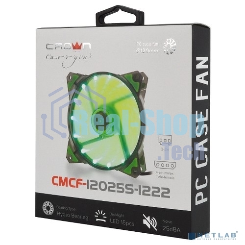 Вентилятор для корпуса Crown CMCF-12025S-1222 черный/зеленый, 120 мм, 1650 об/мин, 28 дБ, 3 pin