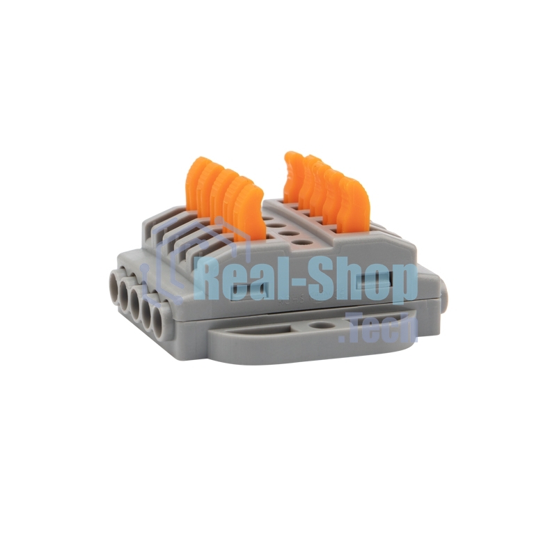 Клемма соединительная Rexant многоразовая проходная 5 полюсов, серая (0,08-4 мм²), с монтажной площадкой (20 шт./уп.)