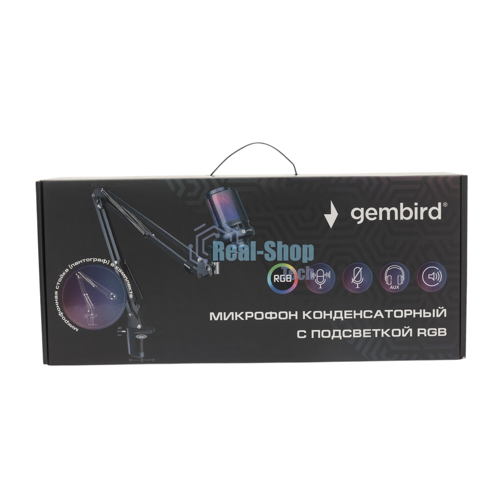Микрофон конденсаторный Gembird M-02N, подсветка RGB, шумоподавление, микрофонная стойка (пантограф), черный