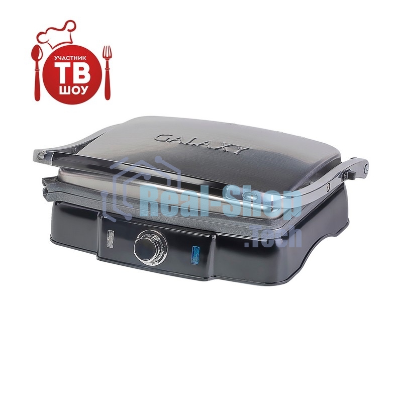Гриль электрический Galaxy Line GL 2961, черный с серебристым, механическое управление, 2200 Вт, мраморное керамическое покрытие рабочей поверхности, корпус из нержавеющей стали, индикаторы сети и нагрева, регулятор температуры, лопатка и емкости для сбор