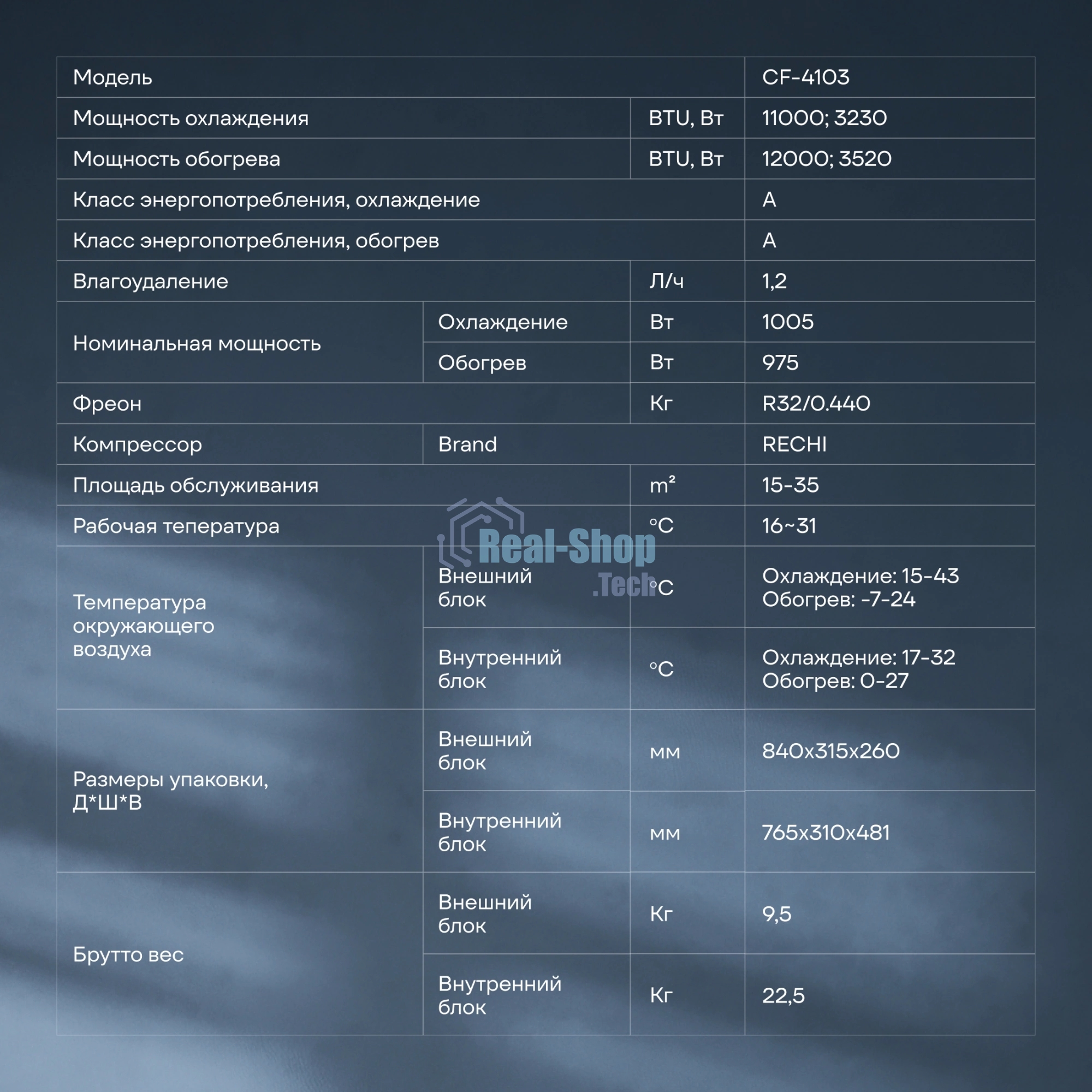 Кондиционер сплит-система Coolfort CF-4103 12000 BTU, 35 м², 37 дБ, охлаждение, обогрев, белый