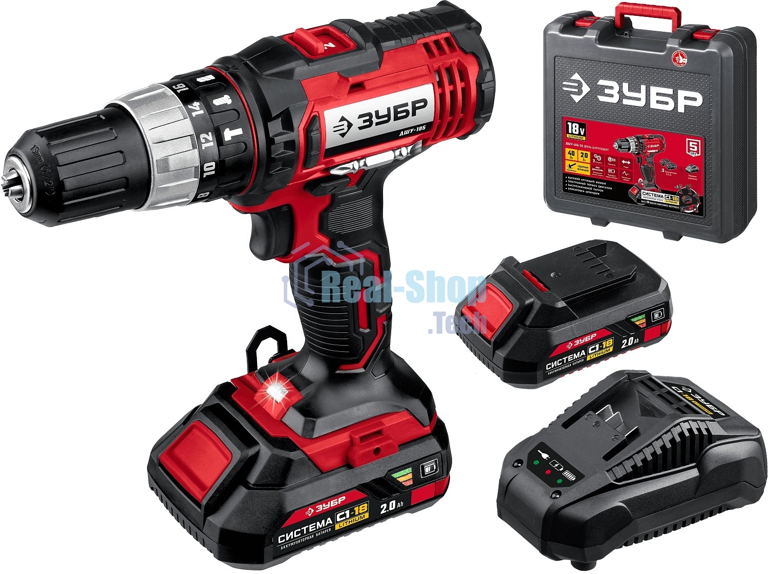 Дрель-шуруповерт аккумуляторная Зубр ДШУ-185-22, Аккумуляторный, 18В, 2 АКБ, Ударный, Кейс