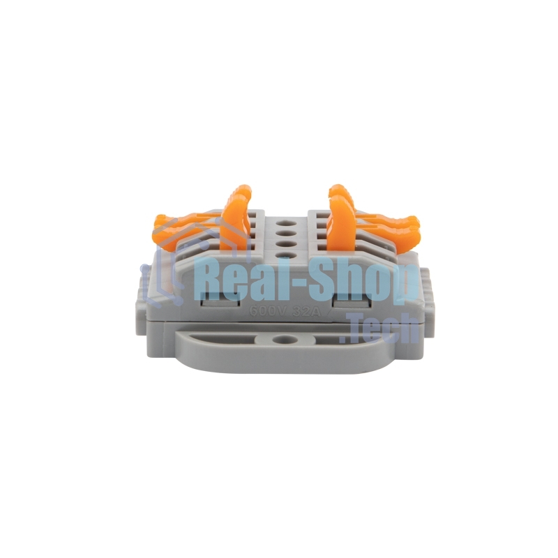 Клемма соединительная Rexant многоразовая проходная 4 полюса с монтажной площадкой (0,08-4 мм²), серая (25 шт./уп.)