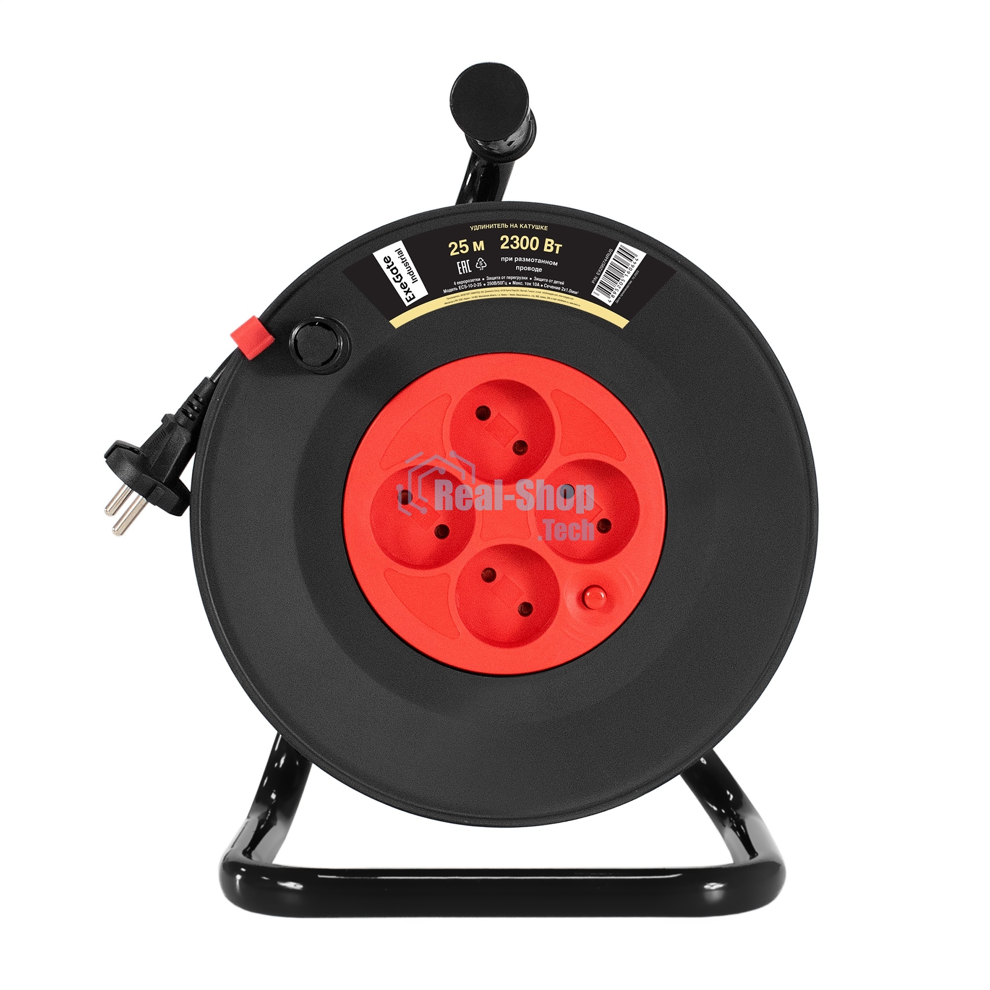 Удлинитель на катушке ExeGate industrial ECS-10-2-25 (4 евророзетки, IP20, 25 м, защита от детей, защита от перегрузки, 2х1,0 мм2, 10А/2.3 кВт)